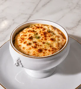 French onion soup - beautifully plated and ready to enjoy