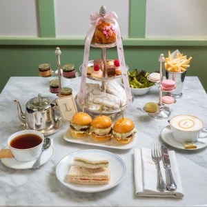 Ladurée royal afternoon tea set with macarons, scones, sandwiches, and sliders