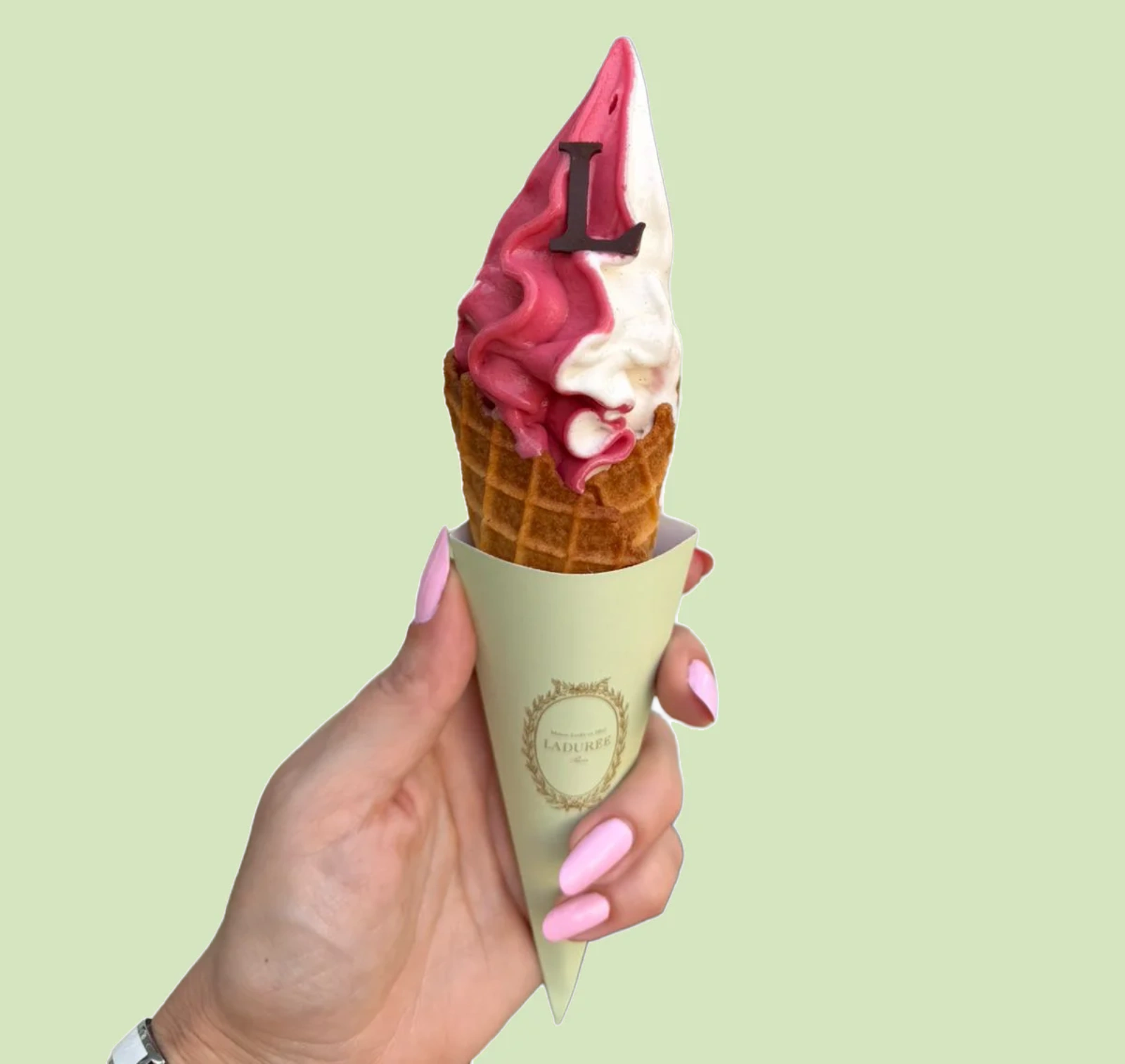 Vanilla Raspberry soft ice cream waffle cone